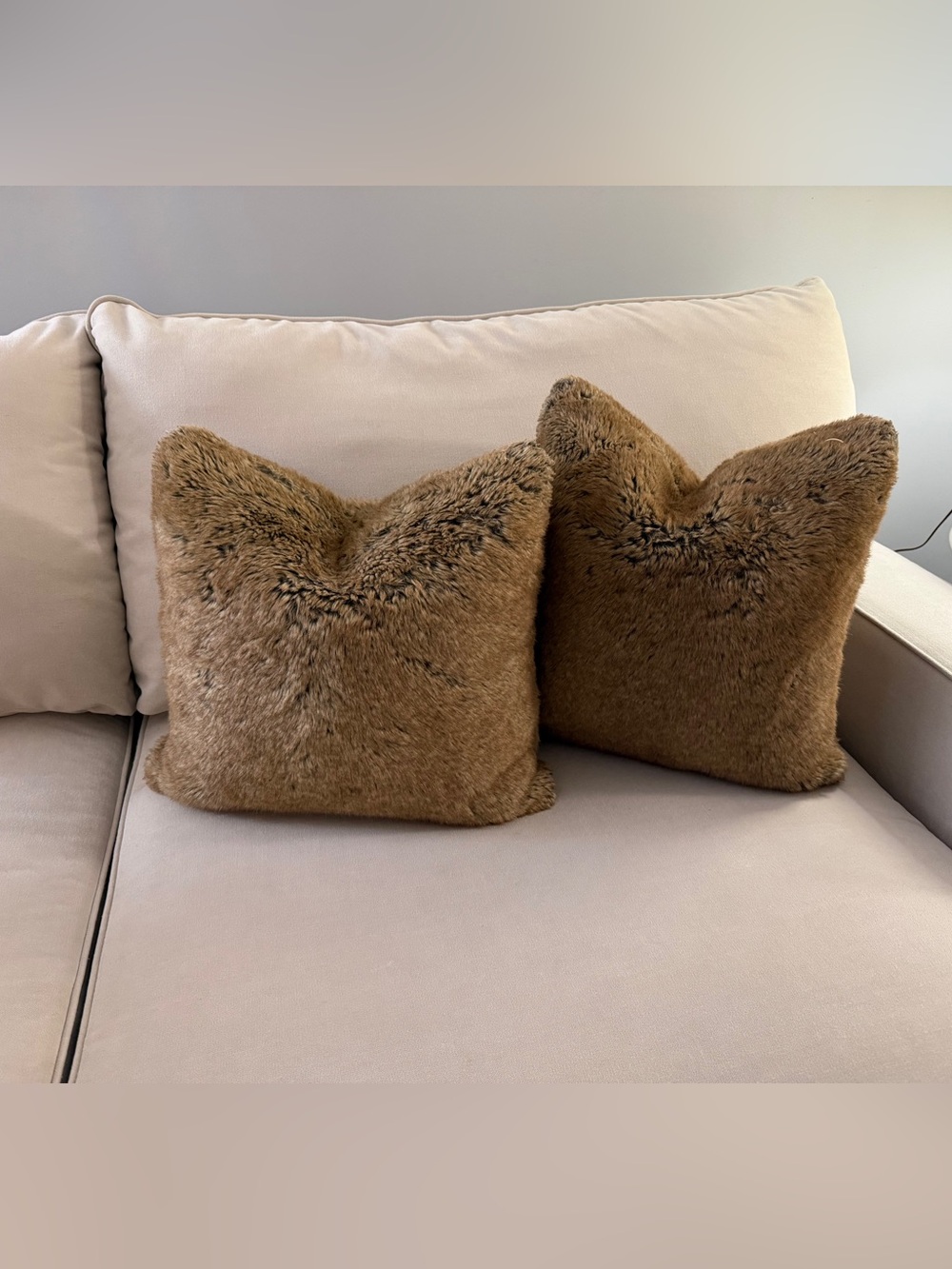 (2) Pottery Barn Faux Fur Mink Throw Pillows Brown With Feather Inserts 18”x18”